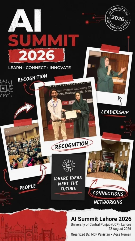 Hamza Umar, IxDF Pakistan core team, receiving recognition at Pakistan AI Summit 2026 at UCP Lahore
