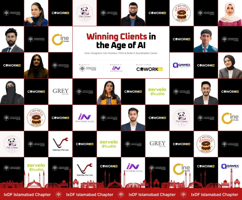 Winning Clients in the Age of AI workshop poster by IxDF Pakistan Islamabad Chapter, featuring Hamza Umar of the IxDF Pakistan core team